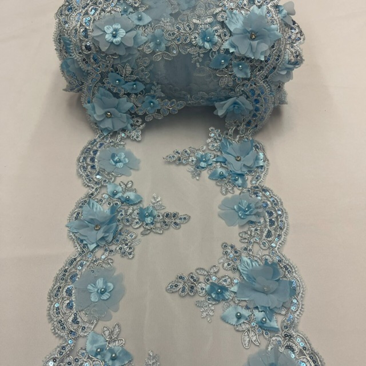 3 Yard Sequin 3D Lace Fabric 22.86 cm Wide Mesh with Pearls, Beads & Embroidery 100% Polyester